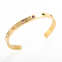 new arrival stainless steel 18k gold 5a clear and colorful cz stone crystal bangle open cuff bracelet for women jewelry gifts