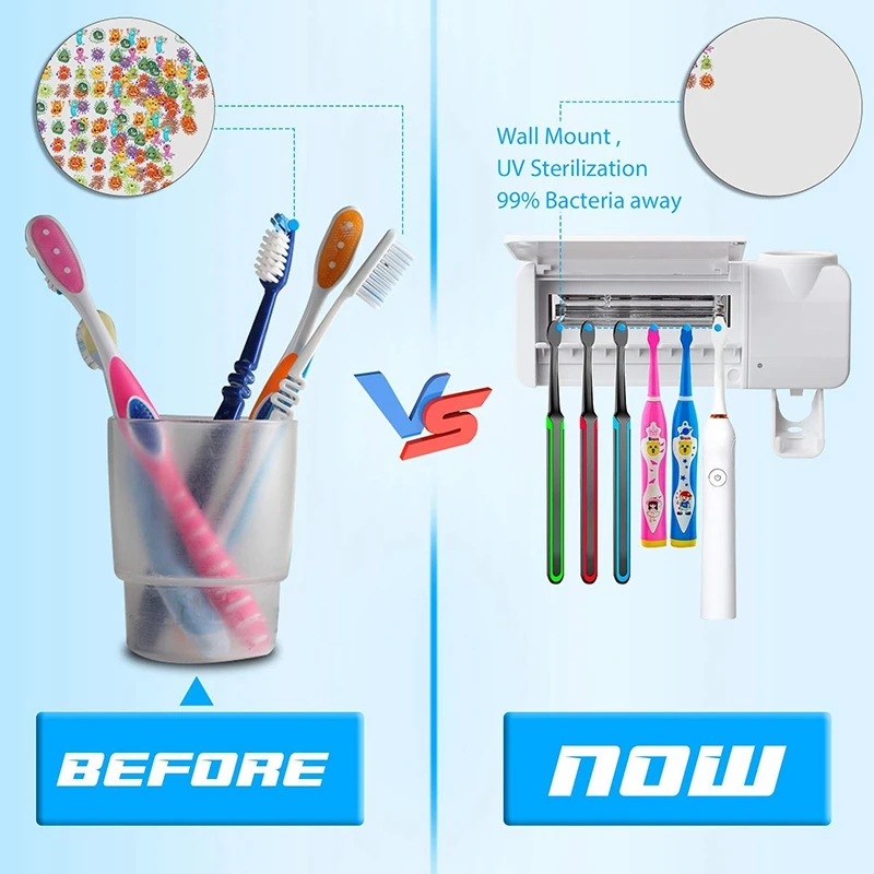 

Toothbrush Holder, Toothpaste Dispenser + 6 Toothbrush Sterilizer Holder, Wall Mounted with Sticker for Women Kids Baby Bathroom