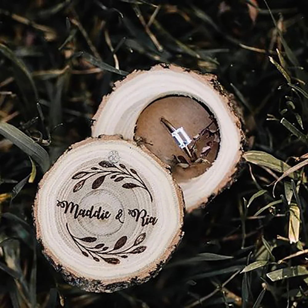 

New Custom Wooden Ring Box For Wedding Gifts Forest Creative Rings Holder DIY Name Date Jewelry Box Wedding Proposal Ring Holder