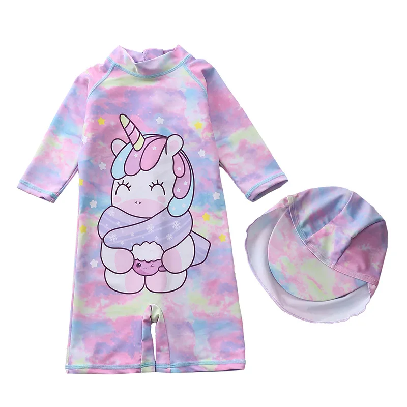 Girls' Swimsuit One Piece with Hat Cartoon Unicorn Girls Swimwear Anti-UV Children Swimming Suit Summer Baby Beach Pool Clothes
