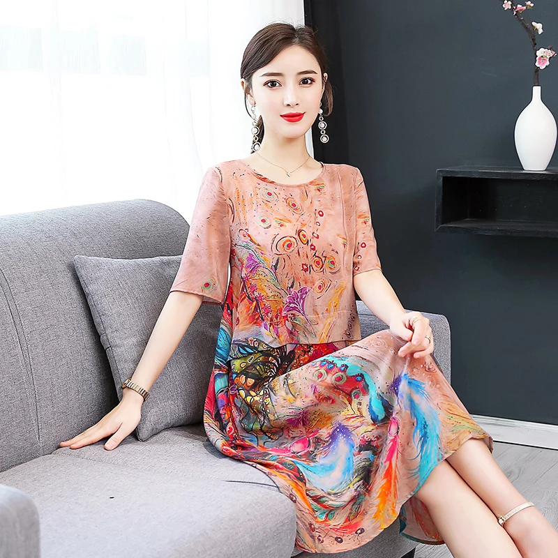 

Large size M-XXXL 2019 New summer and autumn silk dress female long temperament printing silk lady social beach holiday