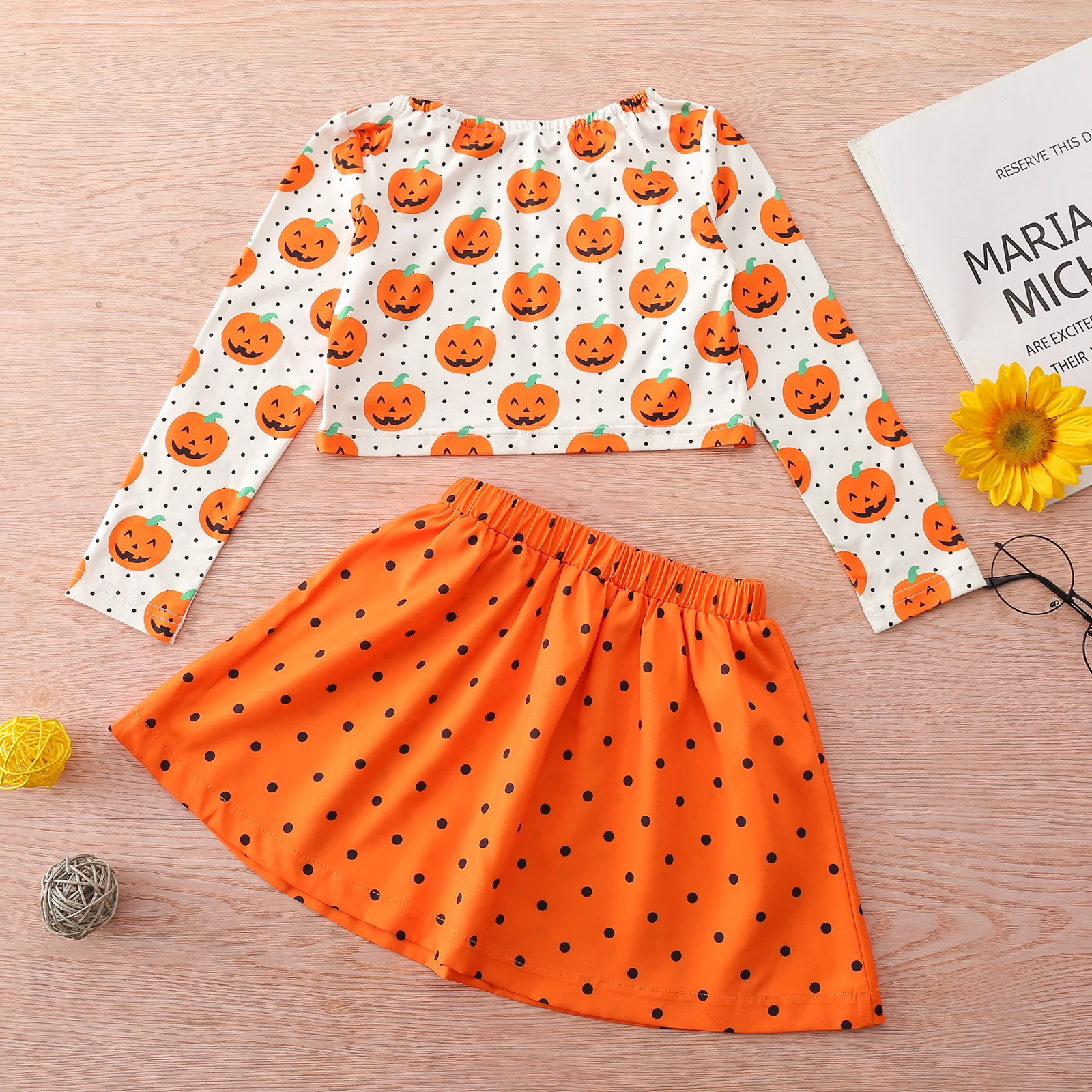 

Kids Baby Halloween Set Pumpkin Dots O-Neck Long Sleeves Crop Tops + Elastic Waist Short Skirt Outfit for Girls