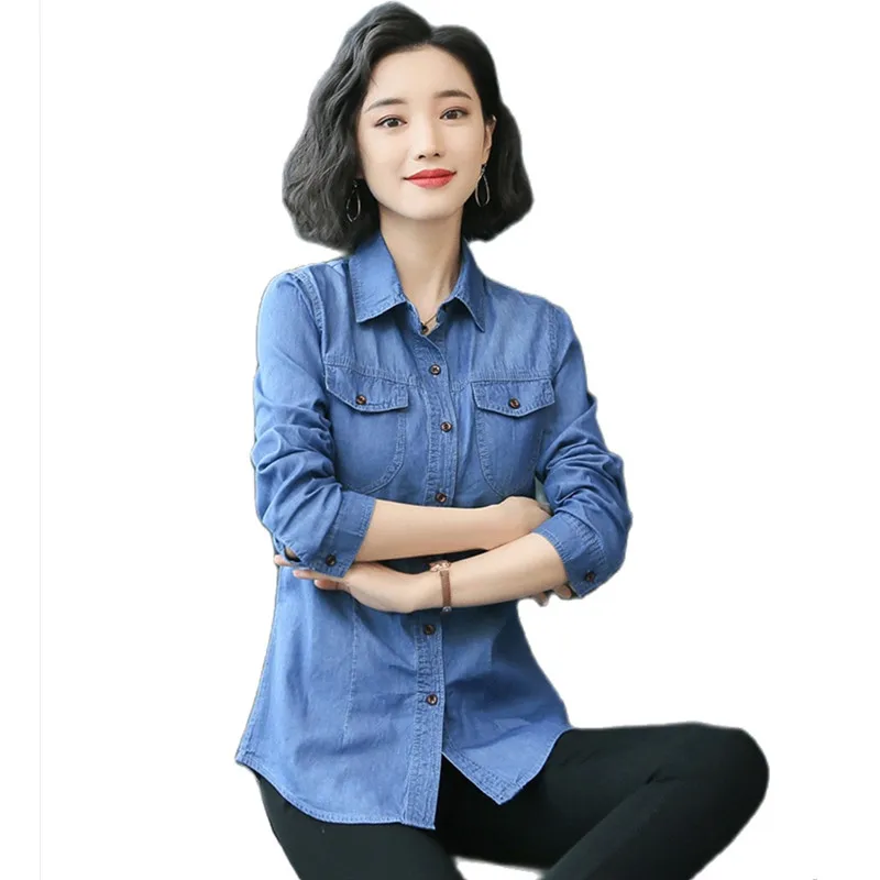 

S-3XL Women Denim Shirt Spring Autumn 2021 New Casual Retro Long-sleeve Loose Tops Slim Thin Cotton Blouse Female Plus Size