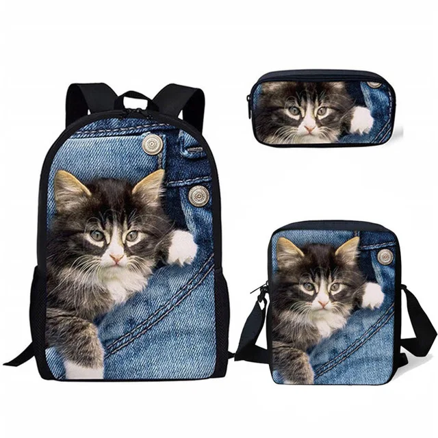HaoYun 3PCs/Set Kids School Bag Black Cats Prints Pattern Bag Kawaii Jeans Design Cat Backpack/Flaps Bag/Pen Bags
