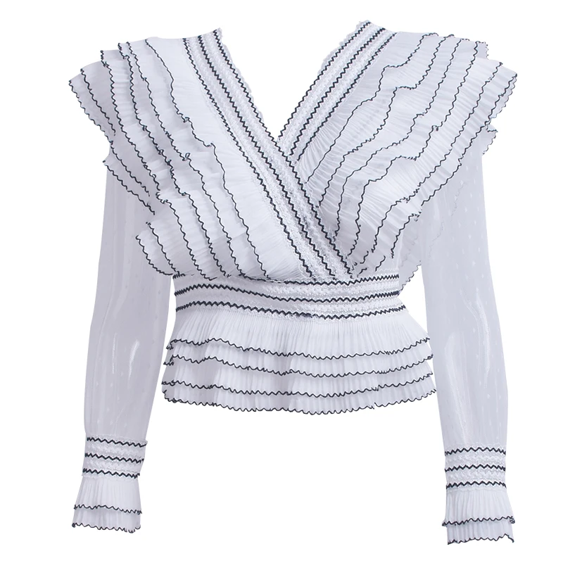 

2021NEW кружево дерево уши с v-образным вырезом с длинным рукавом t-рубашка кофта Топ летние короткие без рукавов, со сборками из ажурной ткани ш...