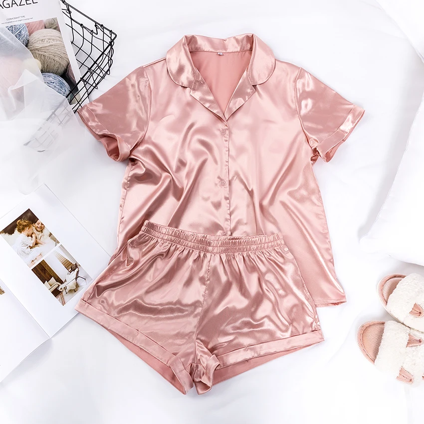 Conjunto de Pijama rosa con cuello vuelto para mujer, ropa de dormir de seda de imitacion, saten, azul, manga corta, informal