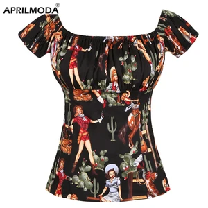 Модные Винтажные блузки с цветочным принтом в западном стиле для девочек 50s, женские блузки с v-образным вырезом и коротким рукавом, Женская Офисная Рабочая одежда, рубашки, шикарные топы