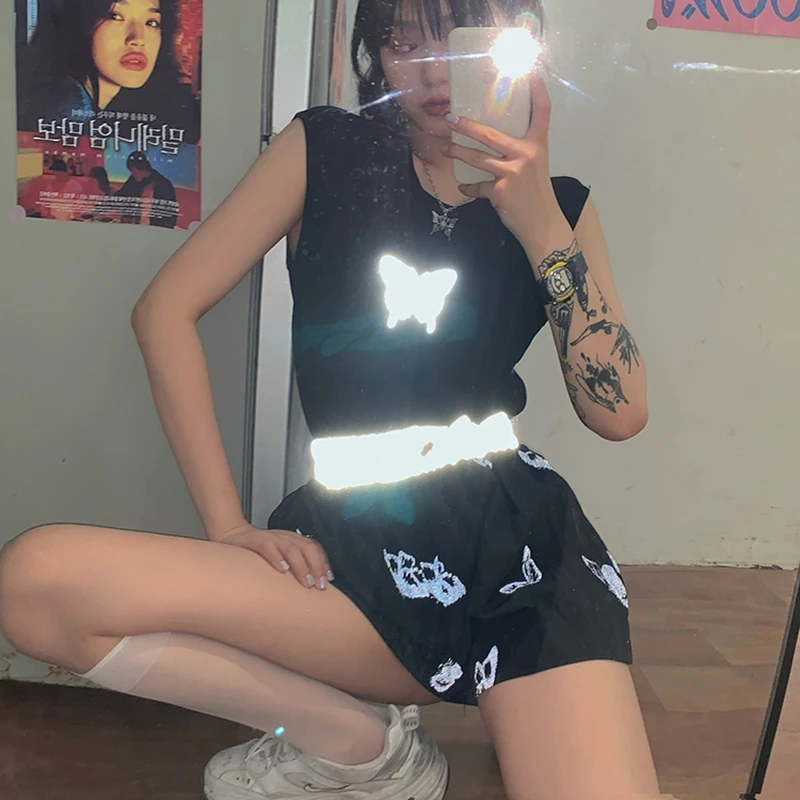 

Women Reflective Print Butterfly Jogging Yoga Suits Tie-dyed Sportswear Fitness Shorts Crop Vest Gym Workout Loose Sports Set