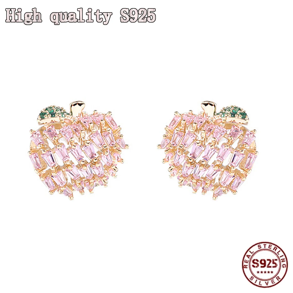 

2021 New High Quality Pink Crystal Simple Temperament S925 Silver Needle Earrings Fruit Apple Female Earrings Jewelry