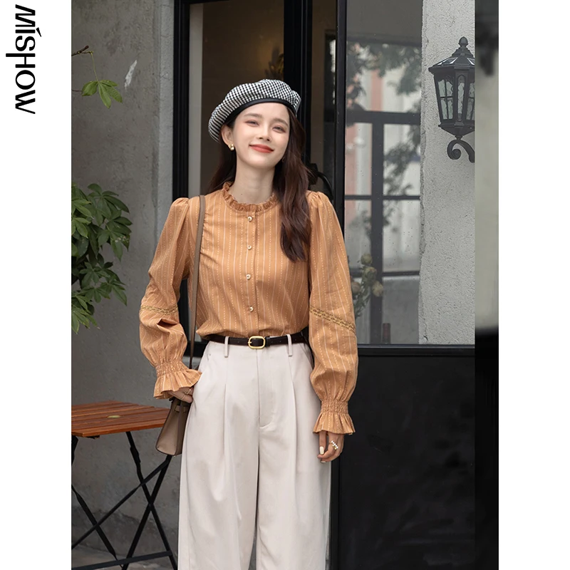 

MISHOW 2021 Puff Sleeve Shirts For Women Autumn France Vintage Blouse Casual Striped Shirt Female Elegant Tops MXA34C0074