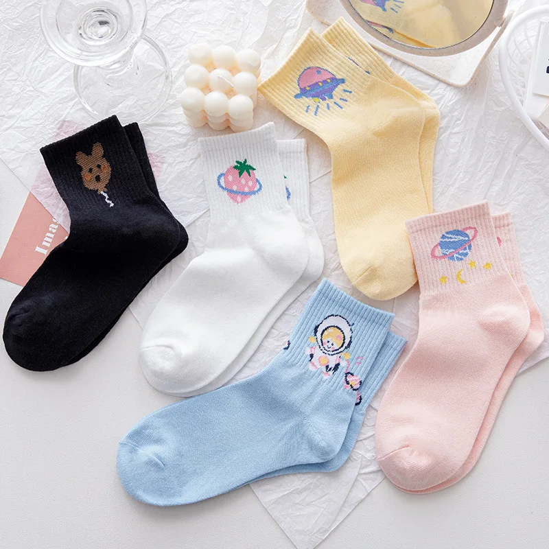 

New Women's Funny Socks Men's Socks High Cotton Fashion Cute Kawaii Print With Cartoon Universe Strawberry College Style Korean