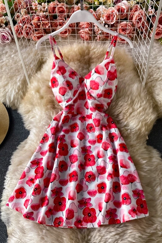 

2021 Summer beach Dress sexy deep V-neck low-cut print suspender mini Dress fashion elegant printed A-line dress vestidos