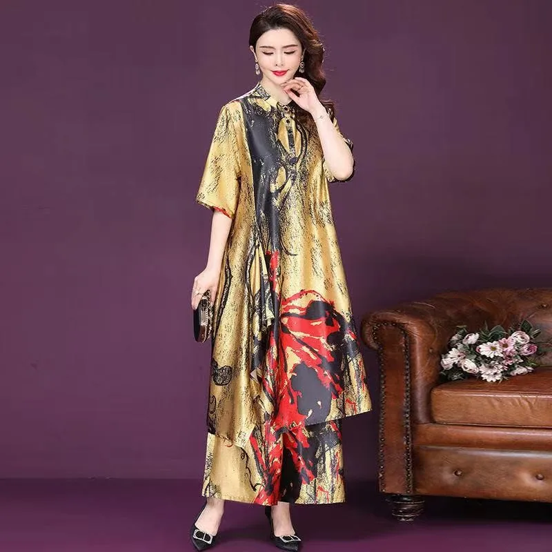 Женское платье свободного покроя элегантное из двух частей с принтом и широкими