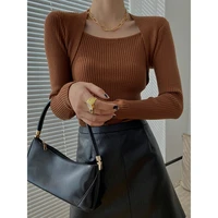 2021 new high end french bottoming shirt design sense of self cultivation niche temperament fake two piece knitted top