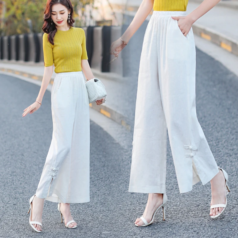 

mom linen straight pants women casual linen wide leg pants elastic waist high waist split pants harajuku trousers women pants