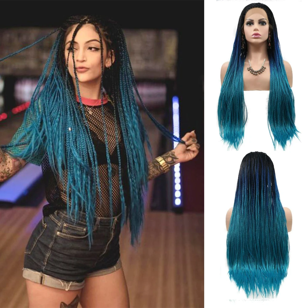 

Эффектом деграде (переход от темного к синий Синтетические волосы на кружеве парики для Для женщин длинные Micro плетеный синтетический парик ручной работы Плетение парик с темные корни 26 дюймов