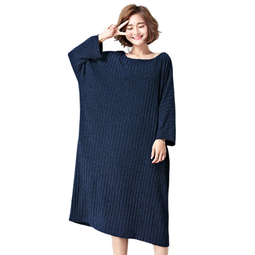 DIMANAF 2017 Women Dress Plus Size Autumn Striped Print Solid Batwing Oversize Cotton Female Casual Fashion Show Thin Warm Dress|warm dress|fashion