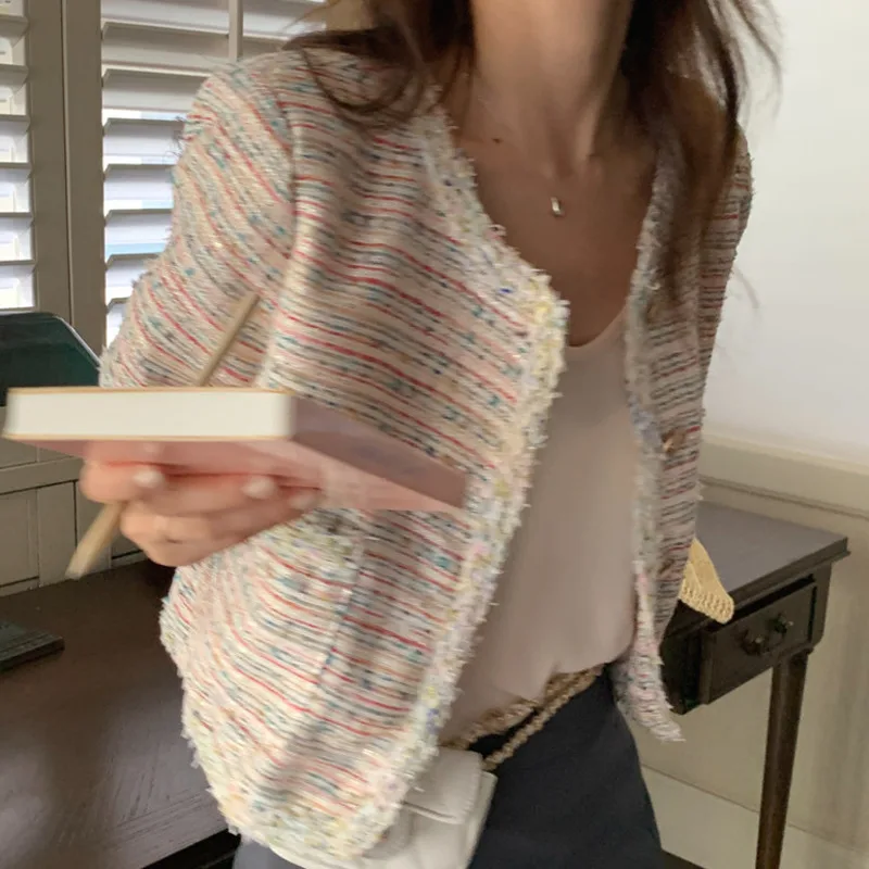 

2021 New Summer Short-sleeved Tweed Jacket Women Crop Top Elegant Vintage Chaquetas Single Breasted Coat Fashon Casual Outwear