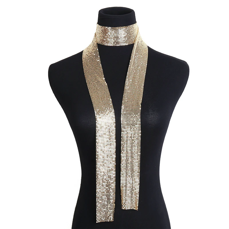 

2020 Trendy Design Scarf Necklace For Women Statement Collar Sweater Necklaces Jewelry Gold Color Sequins Chain Collier Femme
