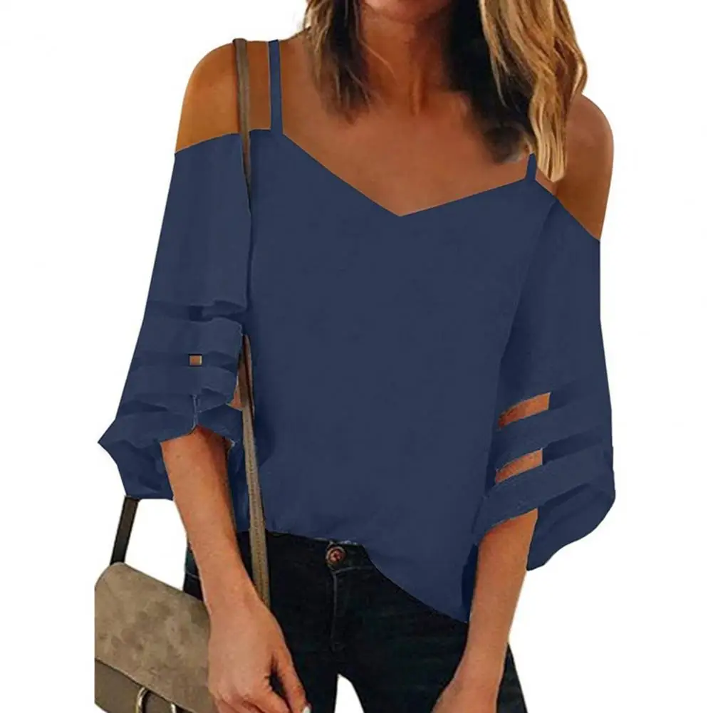 

Autumn Women Shirt Chiffon Shirt Printing Off Shoulder Summer Flare Sleeve Mesh Patchwork Tops