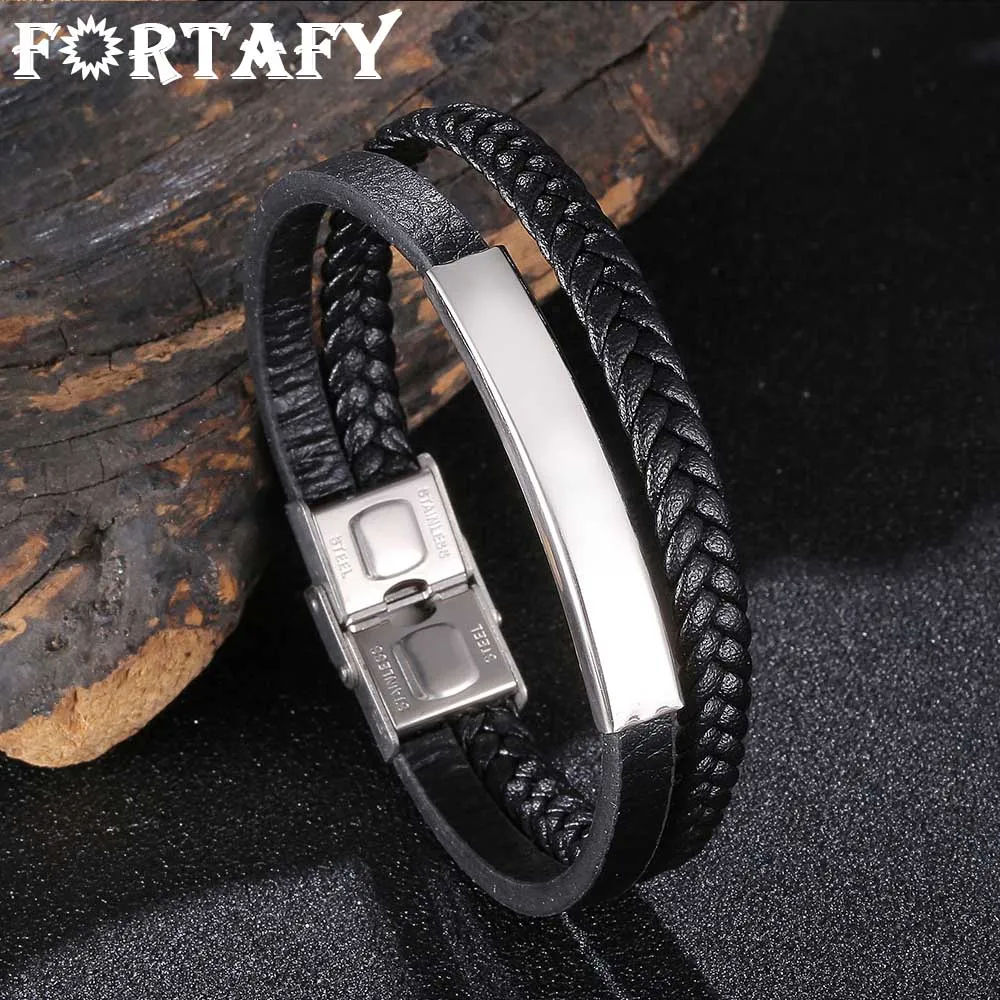 

FORTAFY Double Braided Leather Bangle Bracelet Men Hand Jewelry Stainless Steel Vintage Wristband for Best Friend Gift FR1148