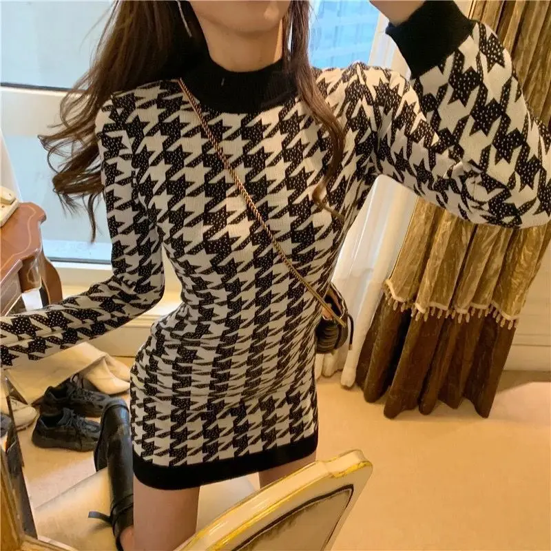 

Slim and slim thousand bird check T-shirt autumn and winter 2020 new women's luxury dress