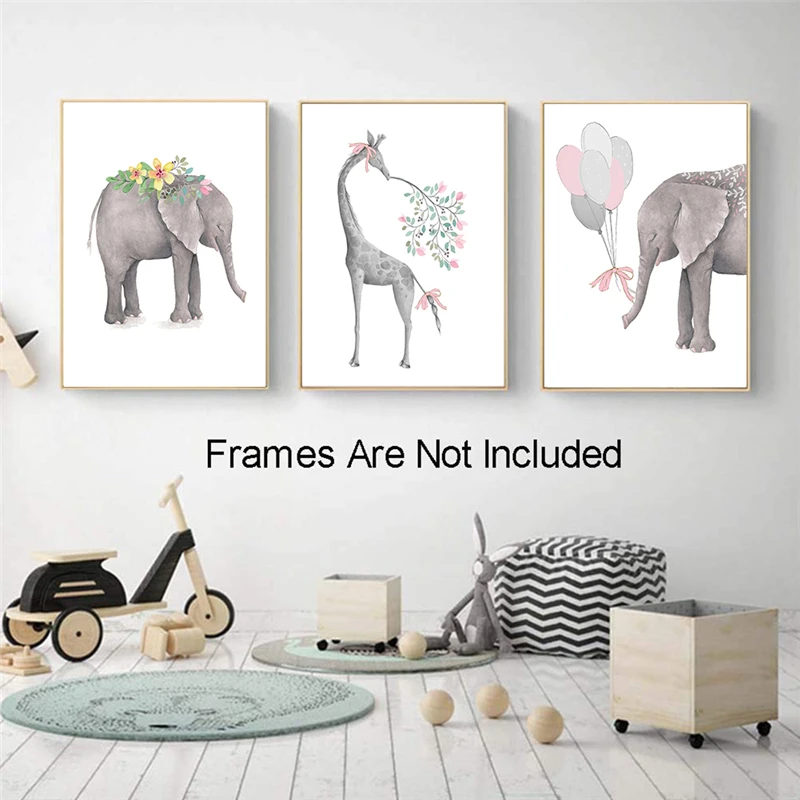 Woodland Nursery Wall Prints - Baby Bedroom Decor Elephant Balloon Deer Animal Whimsical Posters Pink Neutral Ar | Дом и сад