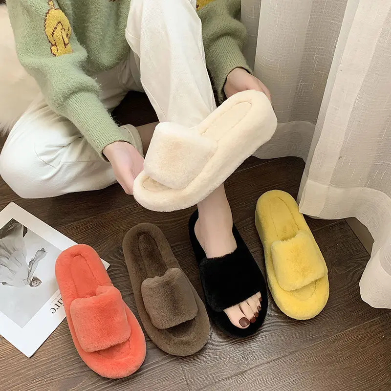 

Winter Ladies Slippers Fashion Indoor Plush Slipper Women Non Slip New Brand Shoes Faux Fur Warm Open Toe Flat botas de mujer