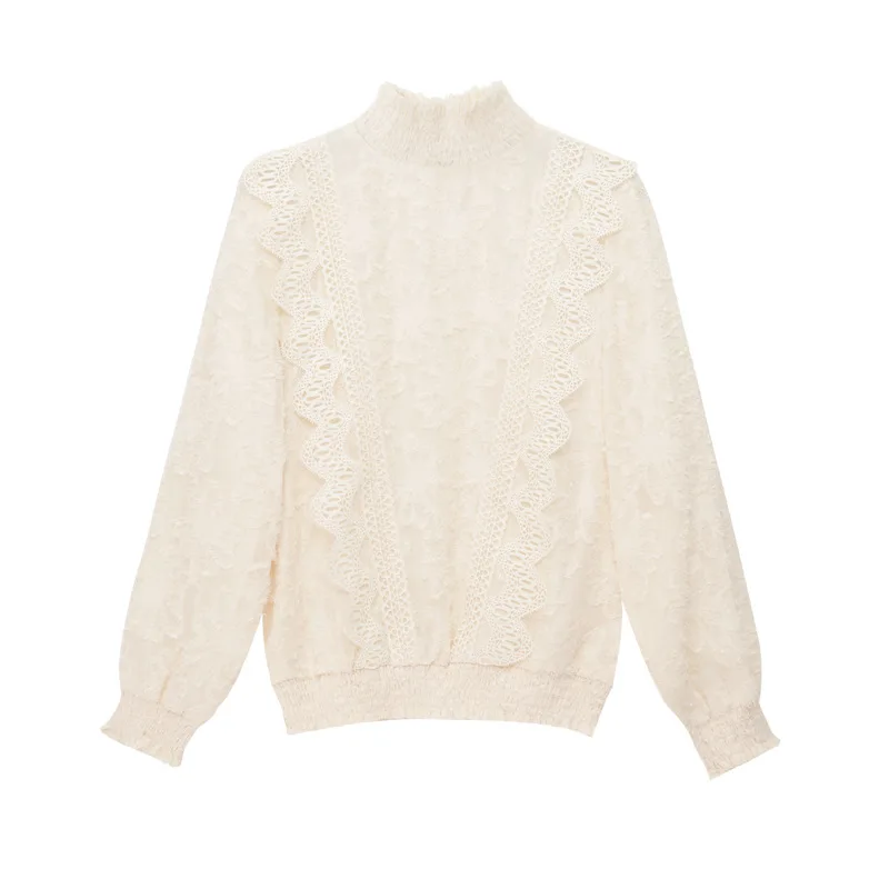 

Autumn Winter Women Basic Clothes Fashion Half High Neck Long Sleeve Soild Color Casual Silm Pullovers Lace Tops