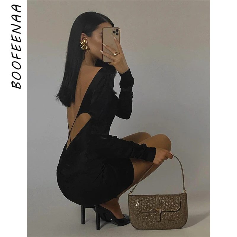 

BOOFEENAA Sexy Backless Black Dresses for Women Party Club Autumn Winter Elegant Fashion Long Sleeve Bodycon Dress C83-BE23