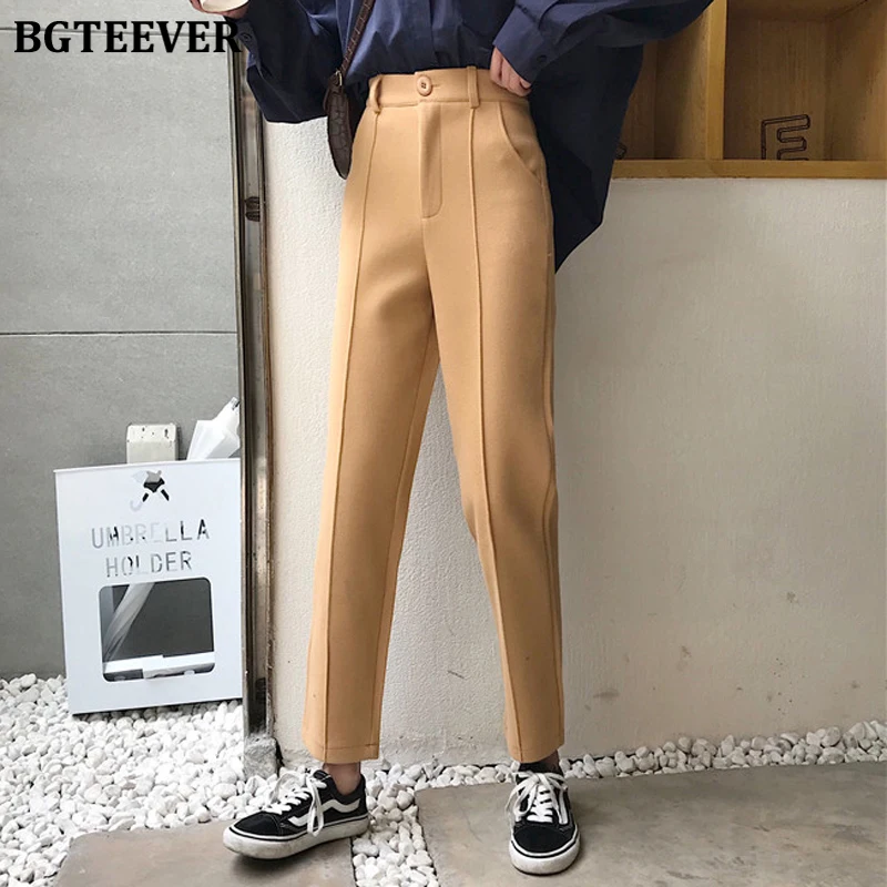 BGTEEVER элегантные плотные шерстяные штаны для женщин высокая талия одноцветные