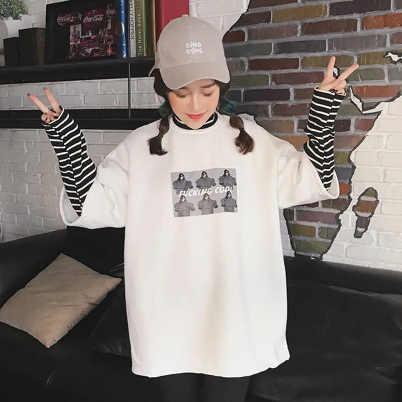 Oversized T-shirt y2k Printed Tshirt Harajuku Women's T Shirts aFake two utunno Tee Streetwear Tops Female T-shirts Clothes | Женская