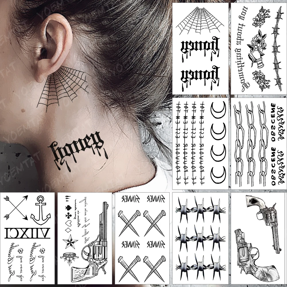 9pcs/lot Waterproof Temporary Tattoo Stickers Black Text Chain Spider Web Gun Flash Tatoo Men Women Wrist Body Art Fake Tatto