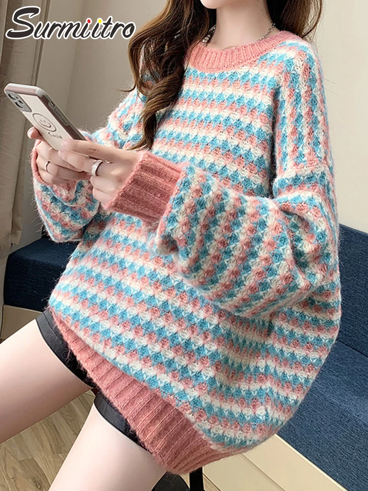 

SURMIITRO 2021 оверсайз модный Y2k осенне-зимний вязаный свитер женский корейский стиль розовый синий полосатый пуловер с длинным рукавом женский