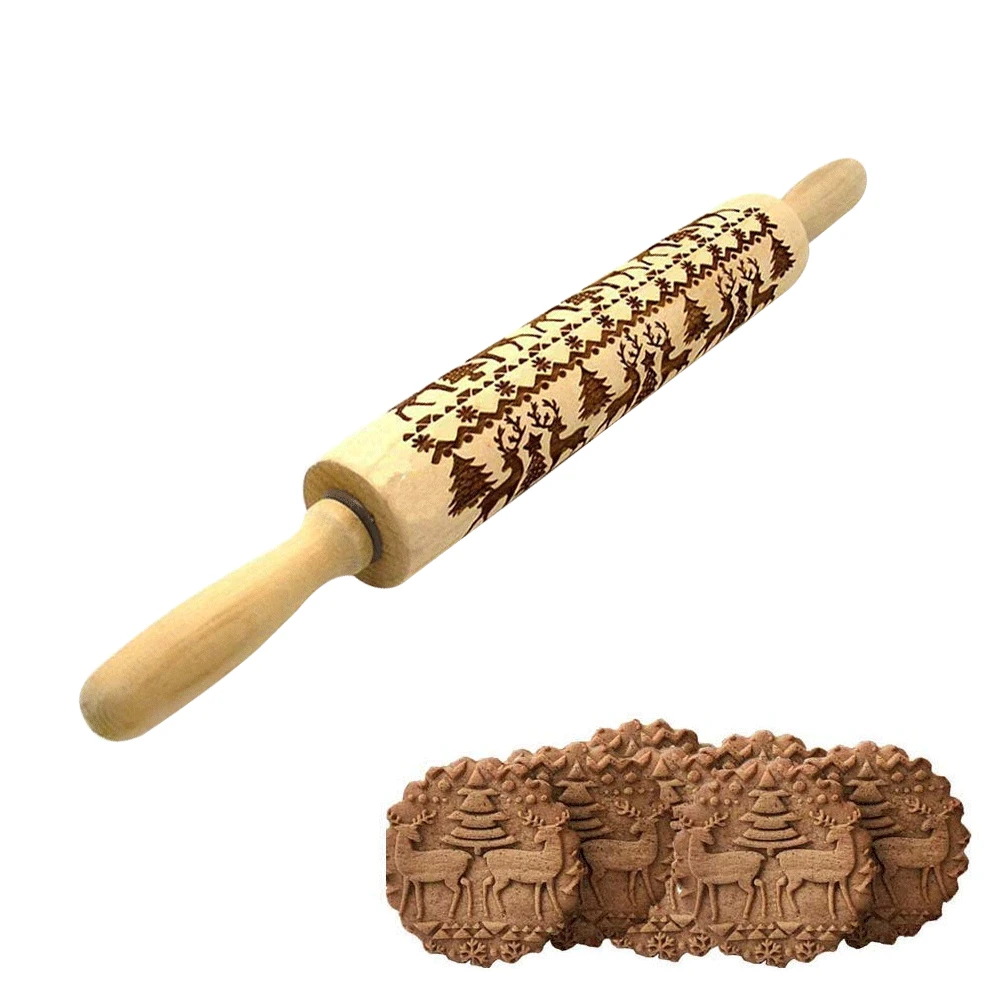 

Christmas Rolling Pin Mix Shape Pattern Embossed Wood Rolling Pin Kitchen Cooking Tools for Christmas Gift