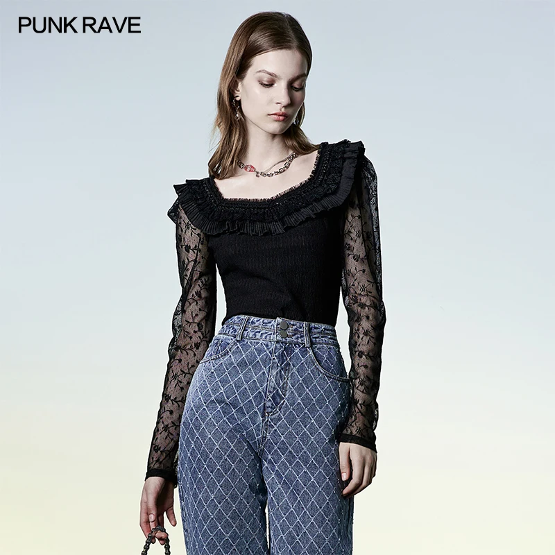 

Женская плиссированная кофта в стиле панк-рейва, эластичная шифоновая кофта с оборками, готический Повседневный Топ с кружевным рукавом и узором розы, черная футболка