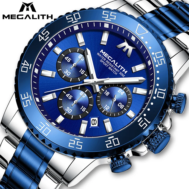 

MEGALITH 2021 New Men Sport Chronograph Quartz Watches Men Waterproof Luminous Analogue Date Wristwatch Men Fashion Reloj Hombre