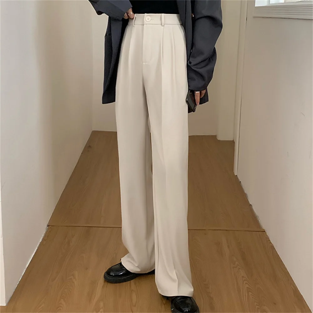 

동대문 2021 осень эластичная талия однотонные женские длинные брюки свободные шикарные минималистичные размера плюс универсальные широкие бр...