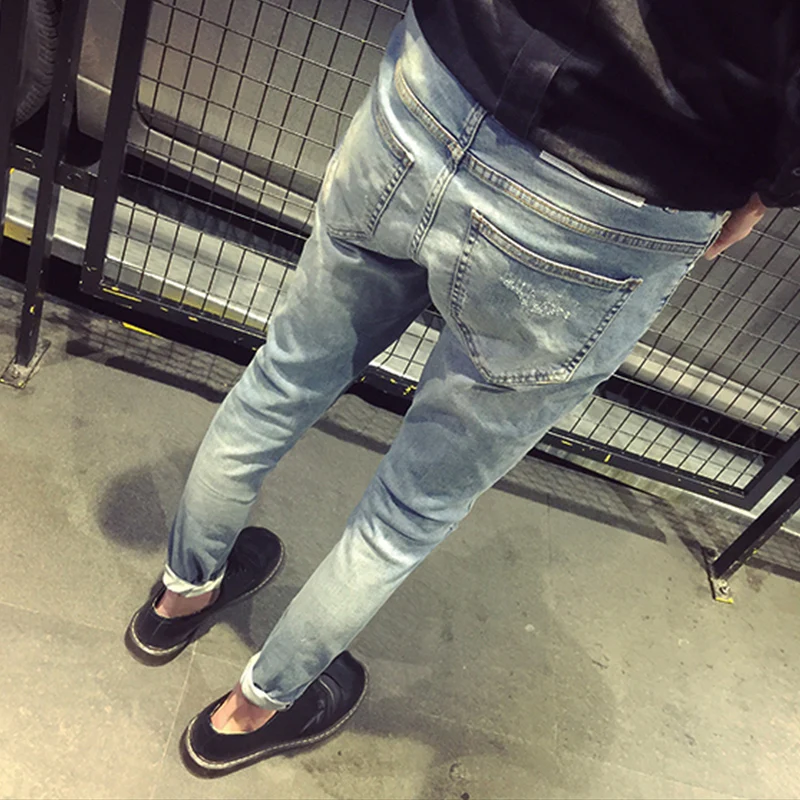 Отбеливающие Мужские джинсы в Корейском стиле эластичные штаны повседневные