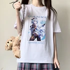 Аниме футболка с принтом Genshin воздействия печатных Kawaii одежда в уличном стиле для мужчин и женщин, большеразмерная Футболка Harajuku унисекс Женские Т-образные Топы