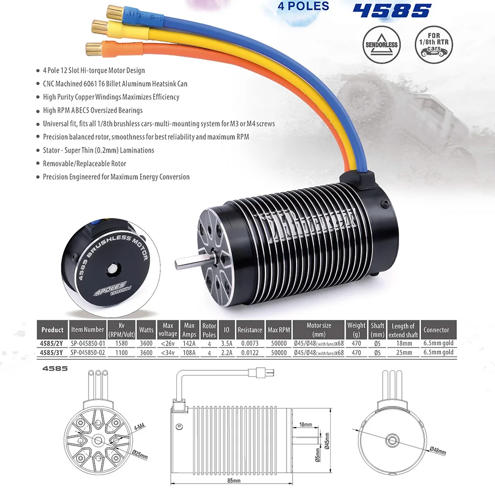 

Rocket 4585 1580KV Sensorless Brushless Motor for X-MAXX HPI 1/7 1/8 RC Car Truck Vehicle SUV