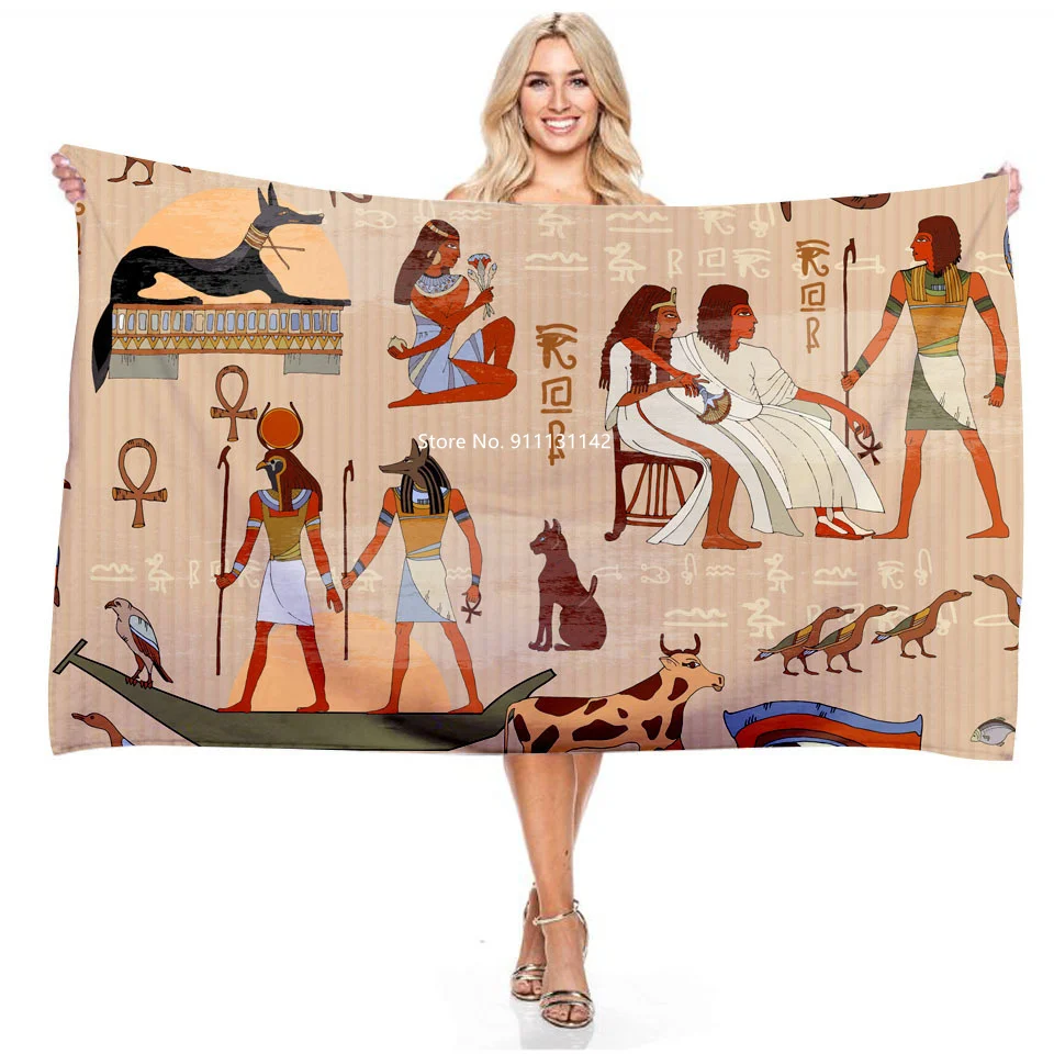 

Modern Retro Colorful Egyptian Mural Digital Printing Rectangular Bath Towel Bathroom Fast Dry Absorbent Microfiber Bath Towel