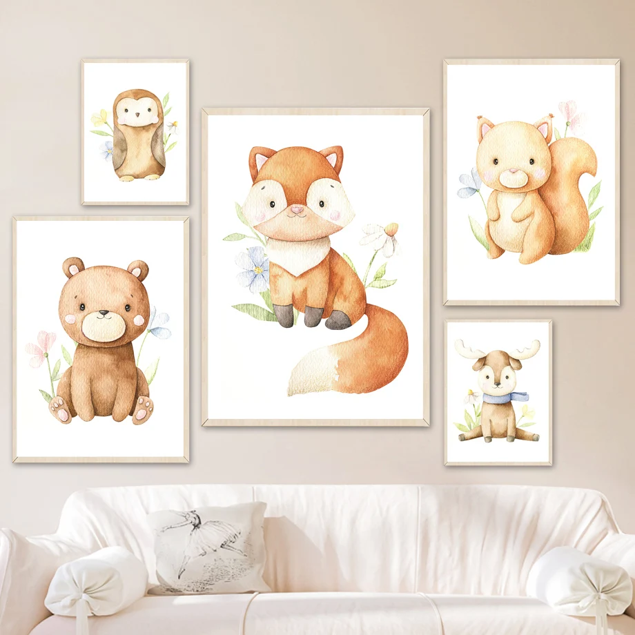 

Cute Cartoon Baby Animals Fox Deer Bear Owl Nursery Art Canvas Painting Nordic Posters And Prints Wall Pictures Kids Room Decor