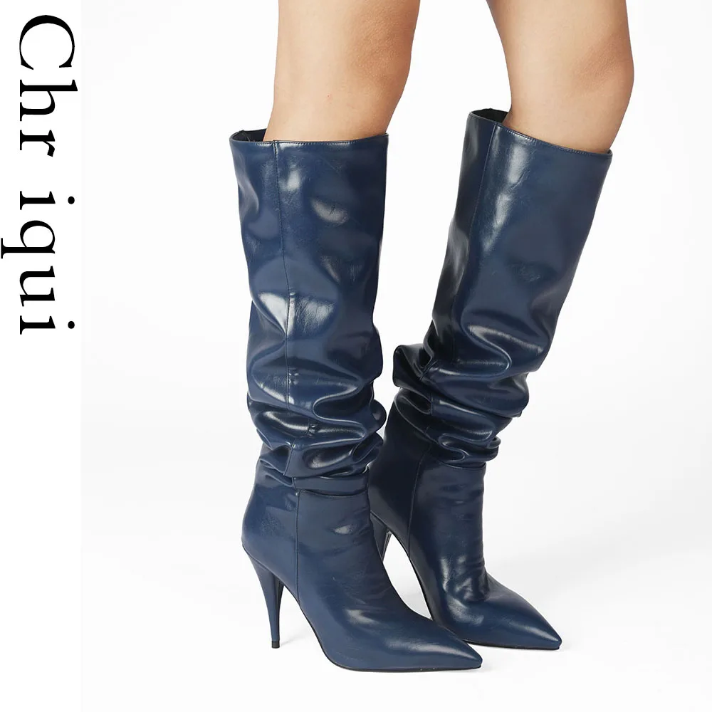 

Chriqui Winter Solid Women Knee High Boots Slip On Thin Heels Shoes Pointed Toe Sexy Elegant Party Casual Wedding Footwear