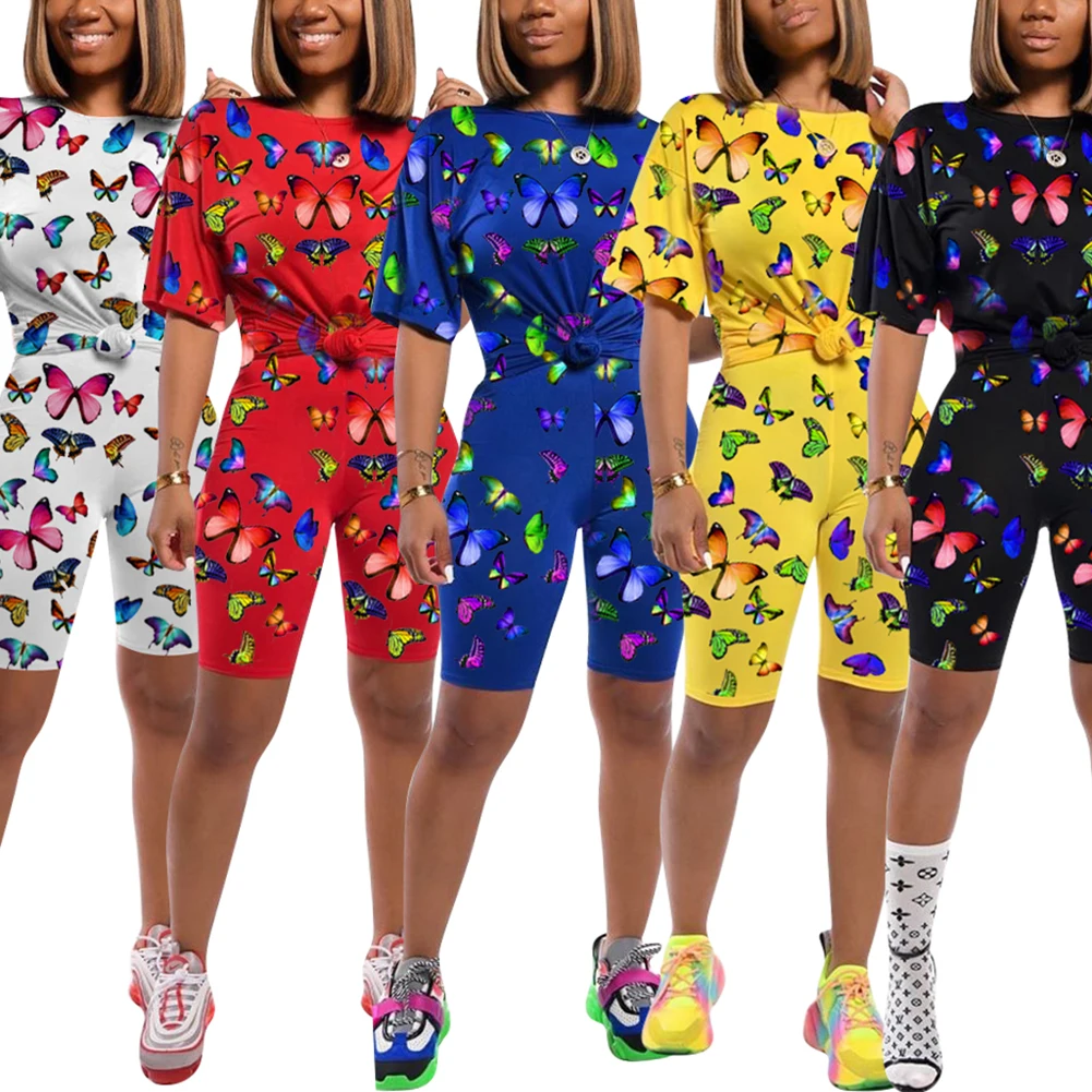 

Женский комплект летней одежды AA, футболка с коротким рукавом и шорты с принтом бабочки, комплект из двух предметов, топ и брюки, Женский ком...