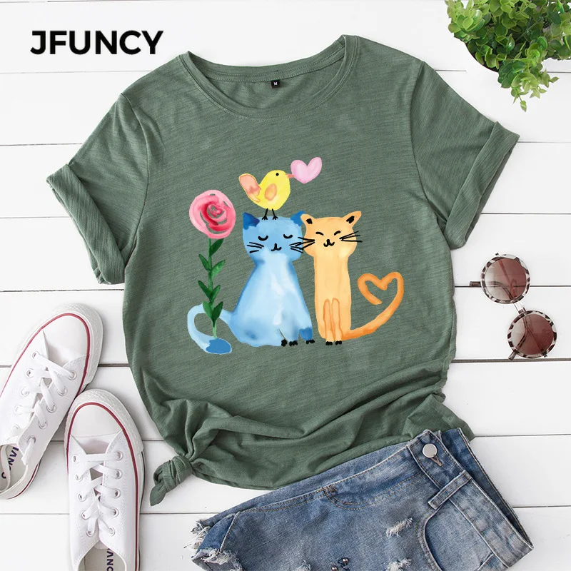 JFUNCY 100% хлопок женская футболка с принтом счастливые кошки летние женские