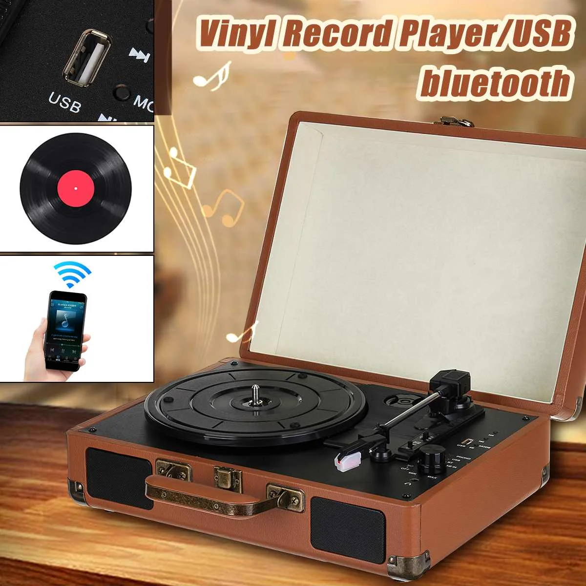 

Чемодан виниловый, 33/45/78 об./мин., bluetooth/USB, 2 стереодинамика
