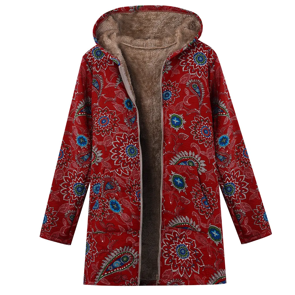 Plus Size Hooded Coats Cotton Winter Jacket Womens Vintage Zipper Ethnic Print Women Fleece And Jackets | Женская одежда