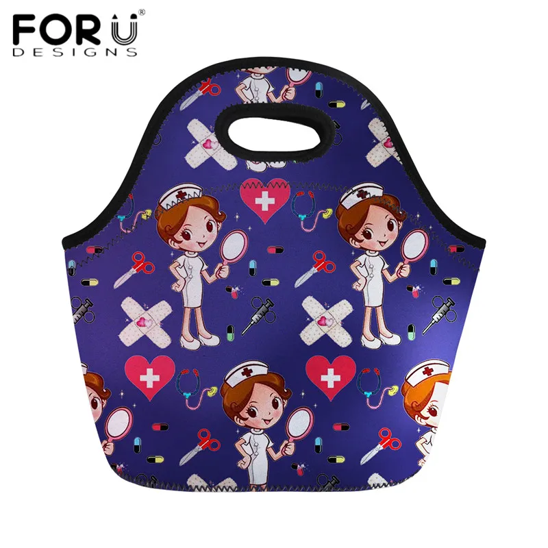 

FORUDESIGNS Travel Insulated Lunch Bags Women Cute Cartoon Nurse Print Neoprene Food Case School Cooler Warm Large Box for Kids