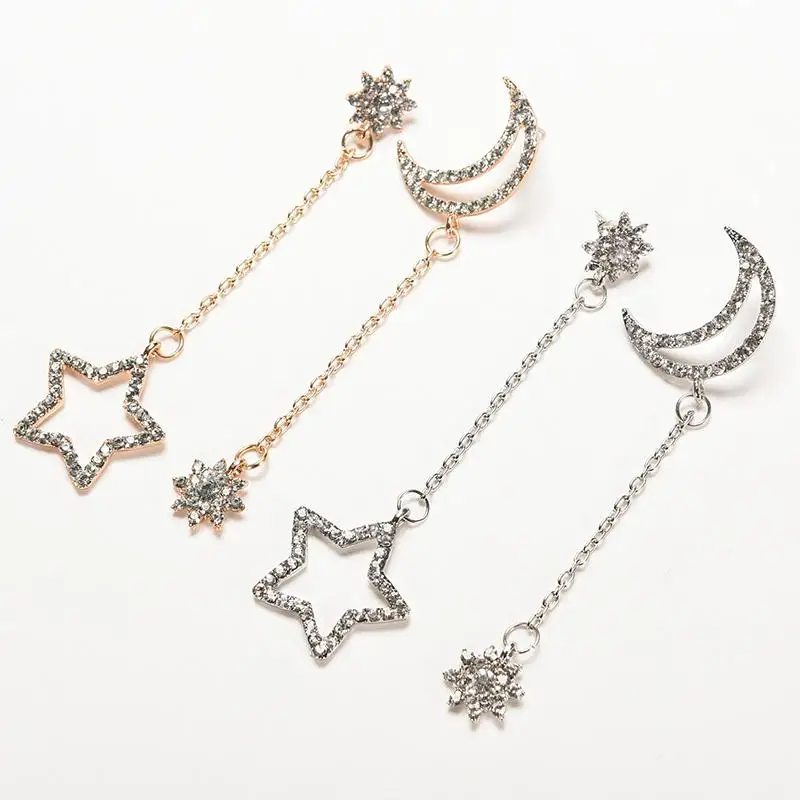 1 пара асимметричных длинных сережек гвоздиков стразы звезда